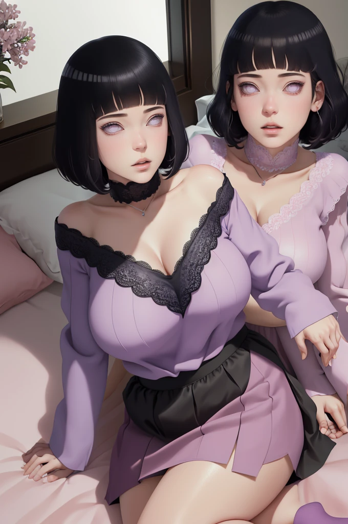 (masterpiece) (huge titusty, masterpiece, absurdres, hinata\(boruto\), 1girl, solo,mature female, off-shoulder bra, high waist black short skirt, looking at viewelling petals), perfect composition, detailed lips, big breast, beautiful face, body propotion, blush, (pink lips), short hair, (black hair), purple eyes, soft gaze, super realistic, detailed, photoshoot, realistic face and body, closed mouth, laying on the bed , lilac eyes, full body, lace clothes,  with chin resting on shoulder, perfect fingers