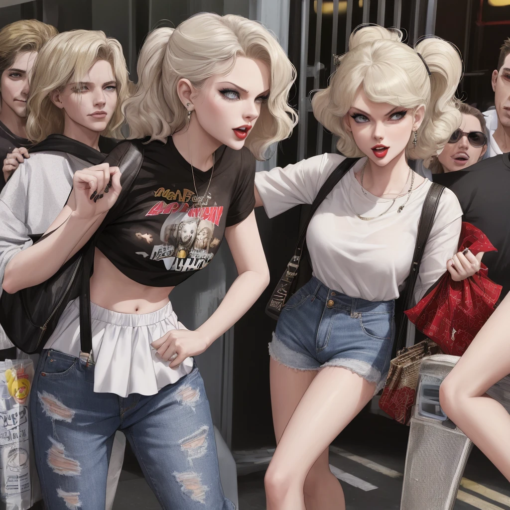 singer Taylor swift(age 30), she is in a small trailer trash queen outfit (daisy duke jean shorts), Taylor is in '101 Dalmatians' she is playing the part of Cruela Devil and trying to catch puppies to shove in her large brown bag. She has an insane hateful look on her face. highly detailed faces, show her from head to toe, full body shown, show her entire body, upscale to photo realistic, hyper realism
