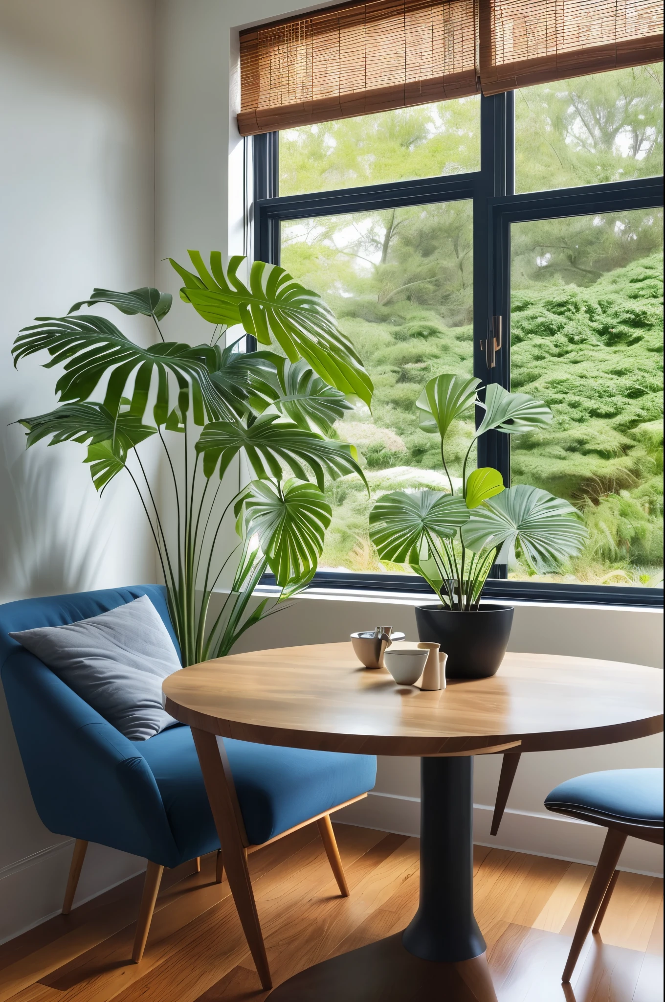 midcentury modern living room dimly lit with dark rainy evening outside, (foggy rainy evening:1.2), pacific northwest, (dim lighting:1.4), (moody lighting:1.2), plants, large plants, rainy, monstera, many plants, (foggy windows:1.2), masterpiece, best quality, twilight hour, (nighttime:1.4), rainy evening, after sunset,