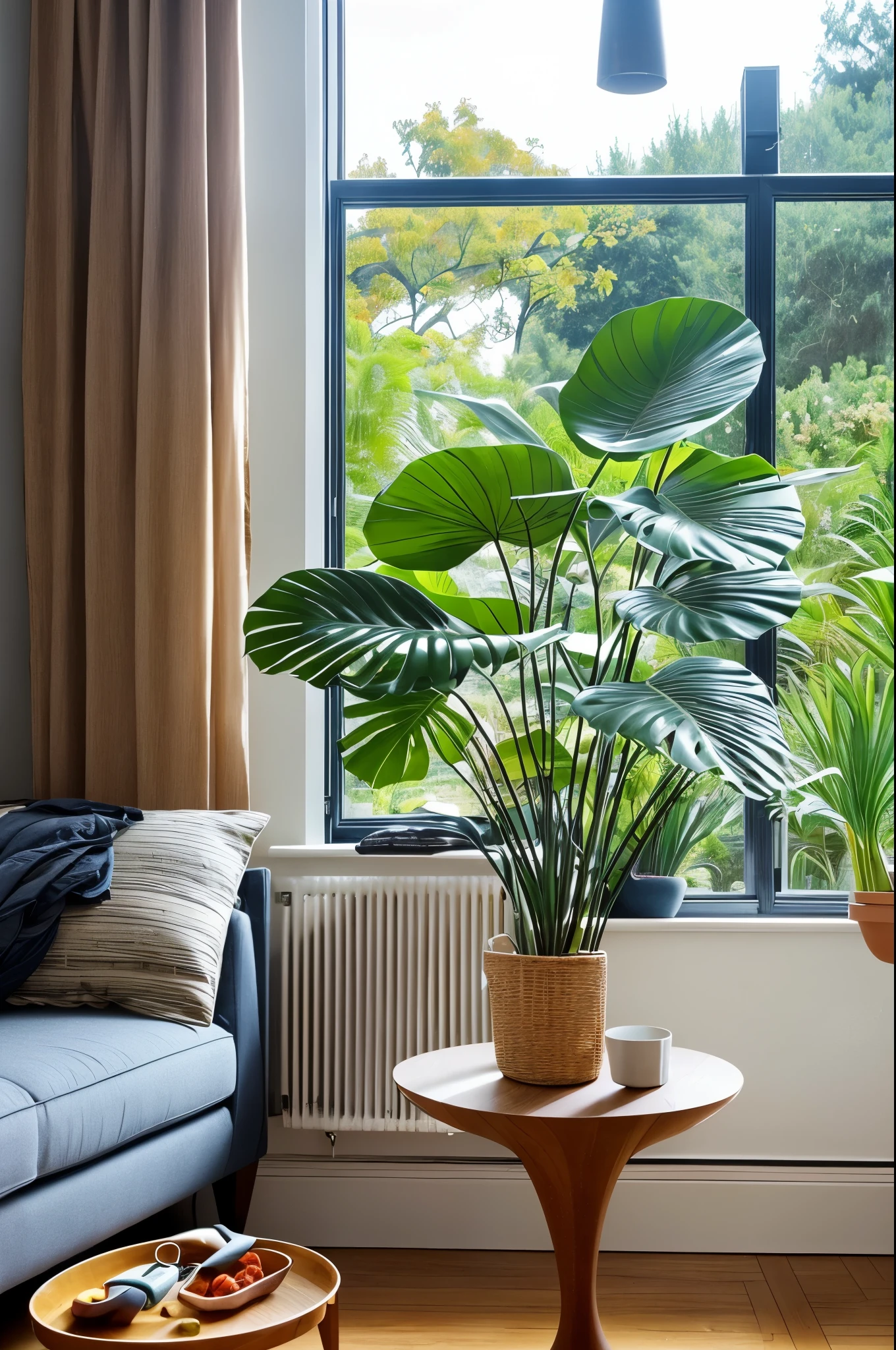 midcentury modern living room dimly lit with dark rainy evening outside, (foggy rainy evening:1.2), pacific northwest, (dim lighting:1.4), (moody lighting:1.2), plants, large plants, rainy, monstera, many plants, (foggy windows:1.2), masterpiece, best quality, twilight hour, (nighttime:1.4), rainy evening, after sunset,