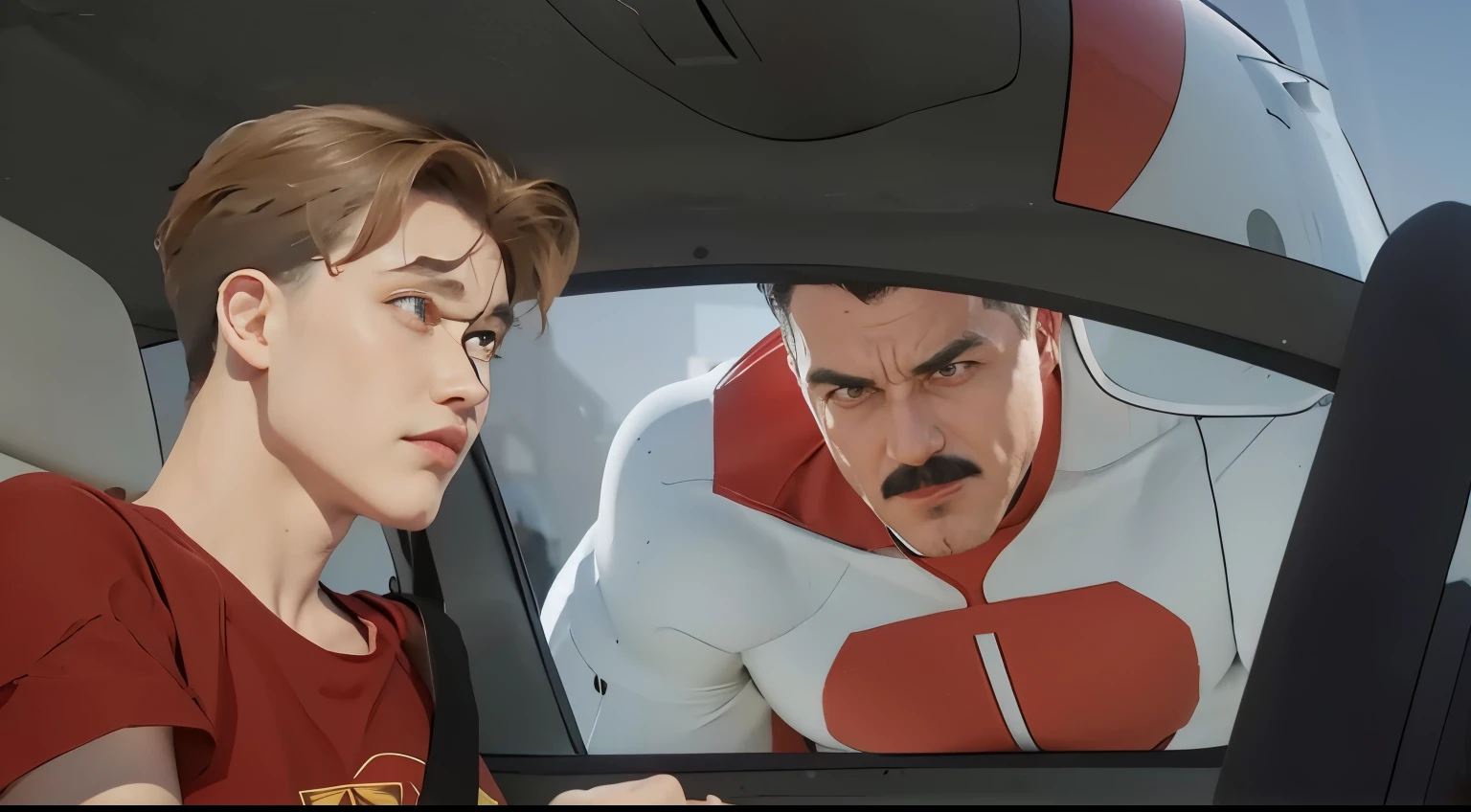 8k, melhor qualidade, imagem real, omni man from invincible, superhero, detalhes intrincados, ultra-detalhado, ultra high resolution, confrontando um civil em seu carro,campo de profundidade, photorealista,realista:1.2),obra de arte, foto de omniman, wearing a white and red mesh, hero, olhos azuis, Cabelo preto e grisalho nas laterais, bigode grosso, rosto musculoso e jovem, traje branco e vermelho, sol, blue sky best quality, realista, photorealista, (detalhes intrincados:1.2), (delicado detalhado), (cinematic light), linha clara, sharp focus, realista face, Rosto detalhado 8K papel de parede, ultra high resolution, (photorealista:1.4), olhando para o espectador