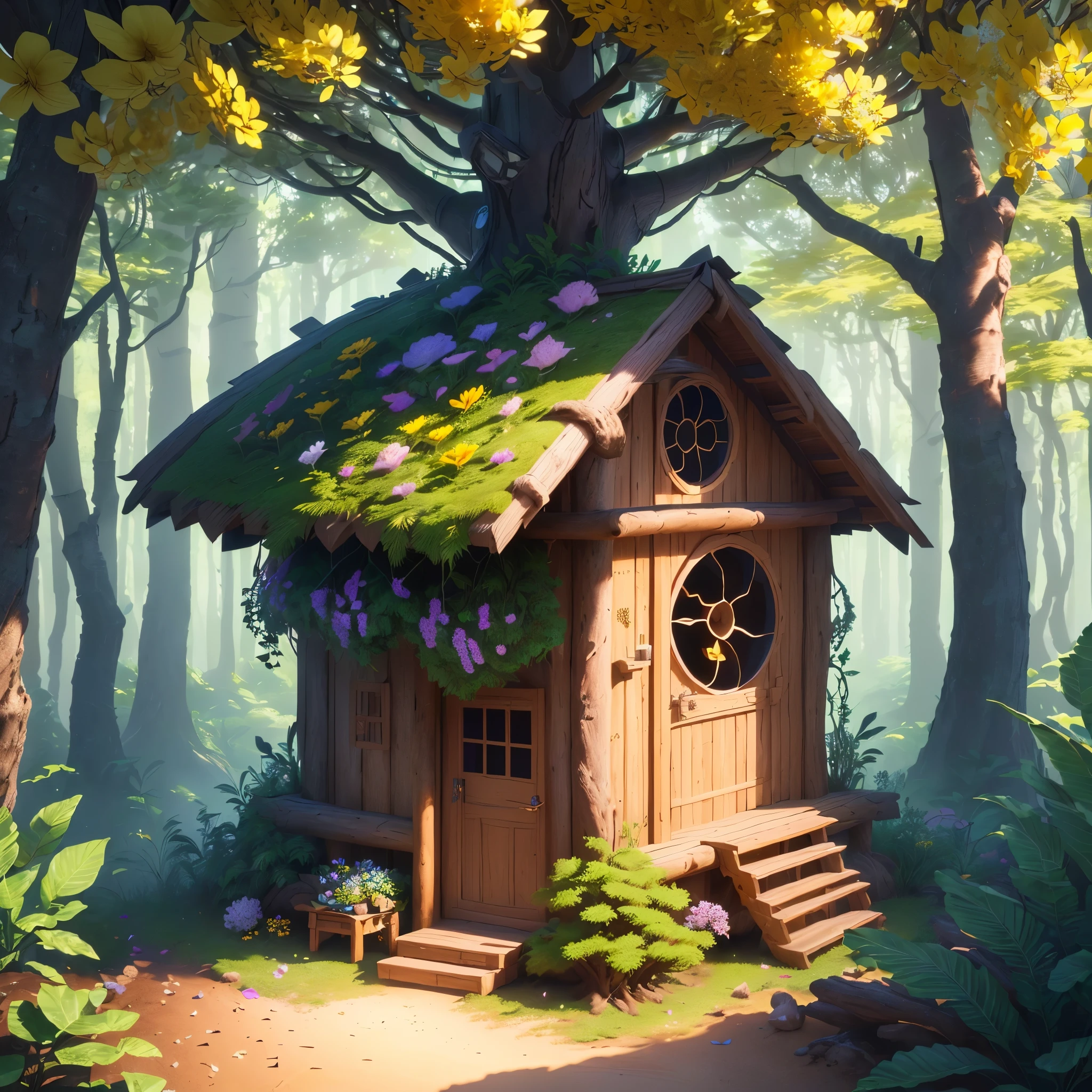 masterpiece, best quality, (extremely detailed CG unity 8k wallpaper), (best quality), (best illustration), (best shadow), A round beehive hut covered with flower petals,,(Forest tree house),Hexagonal,honeycomb decoration,isometric 3D, octane render,ray tracing,ultra detailed