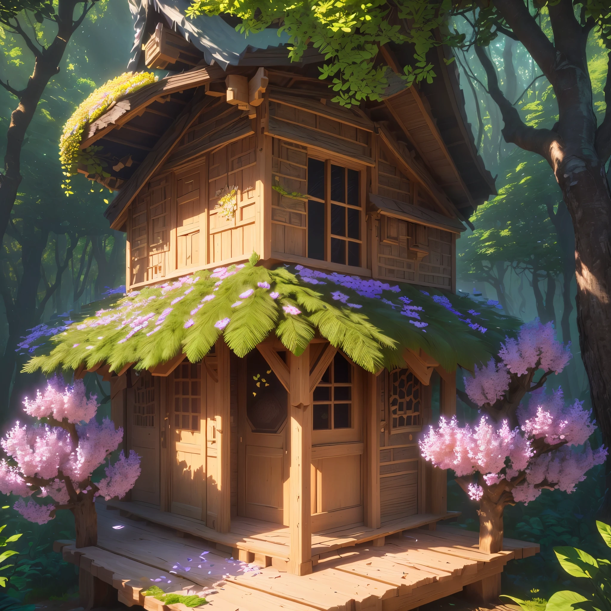 masterpiece, best quality, (extremely detailed CG unity 8k wallpaper), (best quality), (best illustration), (best shadow), A round beehive hut covered with flower petals,,(Forest tree house),Hexagonal,honeycomb decoration,isometric 3D, octane render,ray tracing,ultra detailed