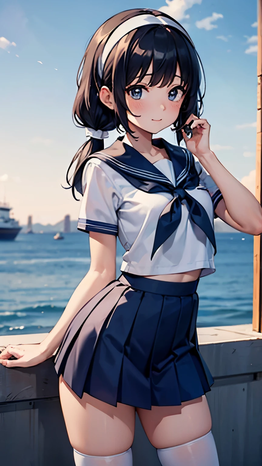 (masterpiece: 1.3), (highest quality:1.4), ultra high resolution, (fine eyes), (detailed facial features), (Detailed features of clothing), HDR, 8K resolution, High school girl in sailor suit, Anime 2D rendering, (((White headband))), smile, black hair, (((navy blue sailor uniform))), black stockings, (((school scenery))), (((small face))), trot, pigtails, happy pose, 