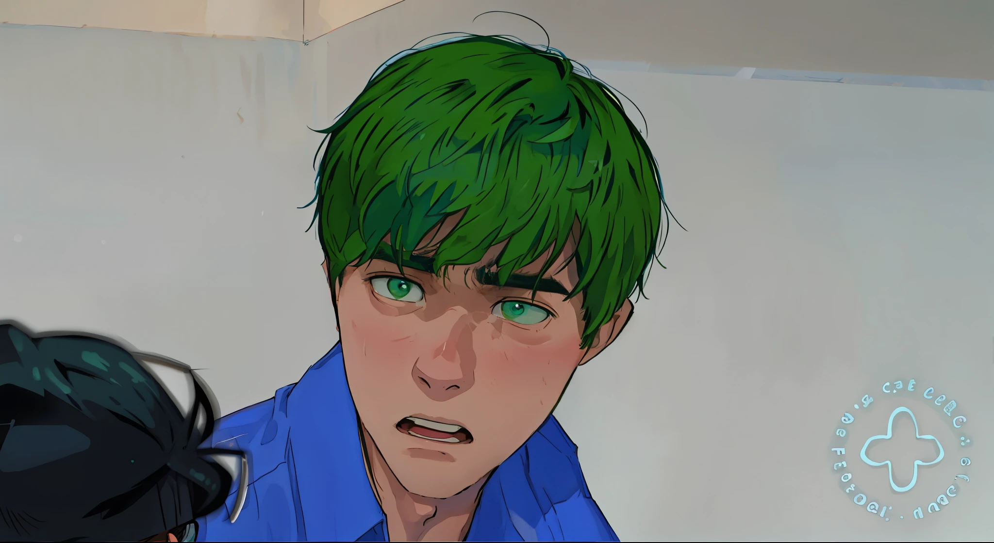 -yeld boith dark green hair and a blue shirt is surprised, scared and looks fearfully at his friend