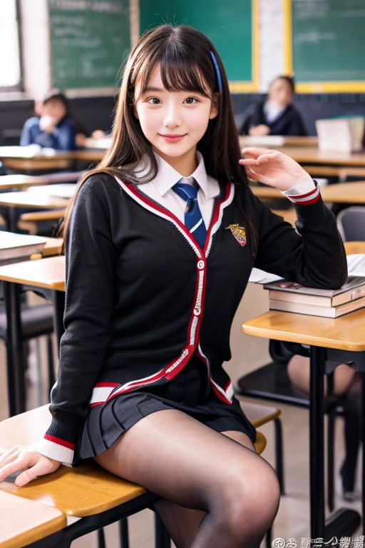 perfect dynamic composition、20 year old pretty girl、bold sexy pose、black tights、uniform、small breasts、shirt、classroom、cardigan