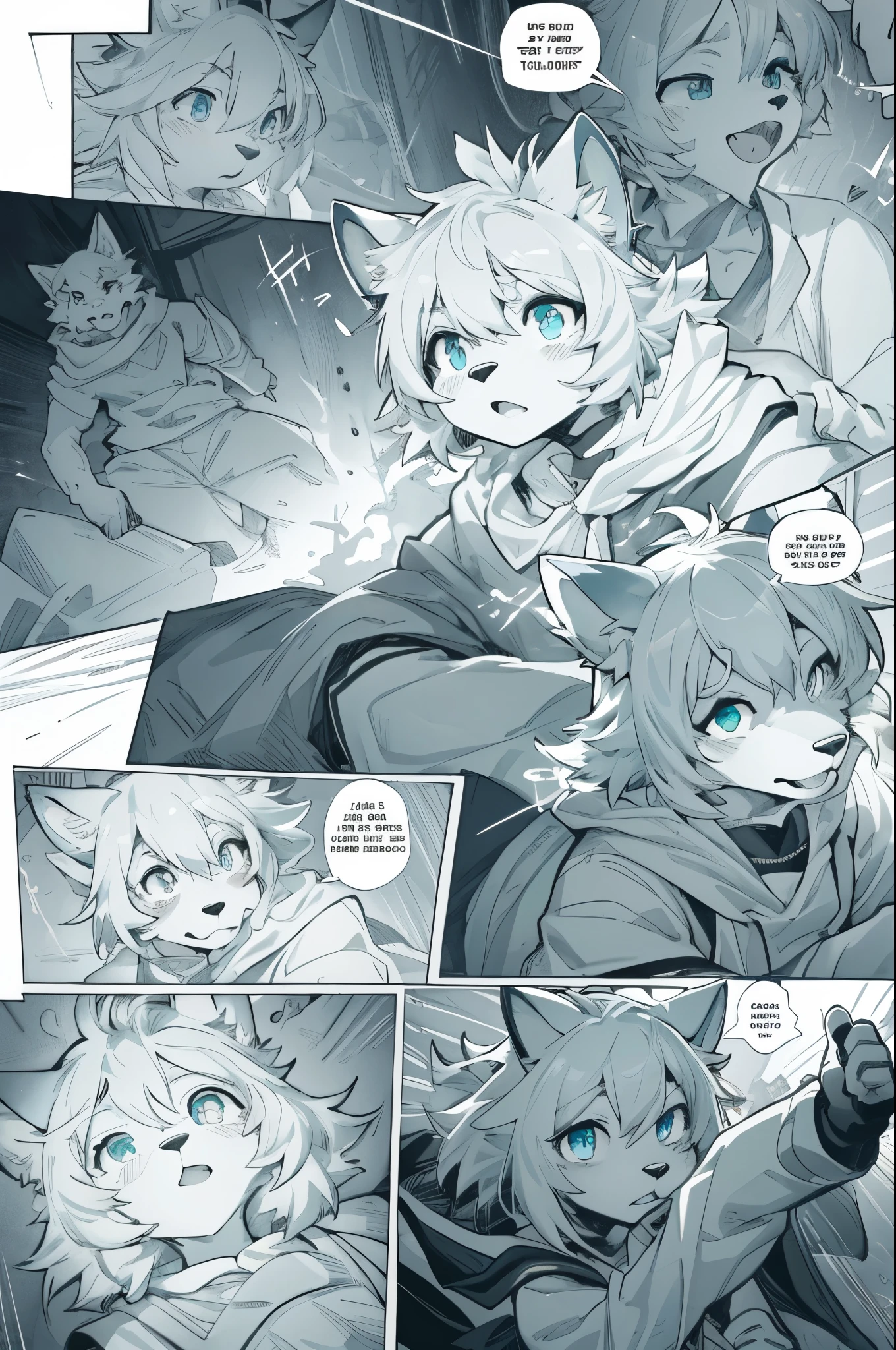 top quality, best quality, highres, masterpiece, super high resolution, detailed background, School, class, 6+boys, 6+girls, absurdres(highly detailed beautiful face and eyes)perfect anatomy, good lighting, cinematic shadow(kemono, furry anthro)assorted expressions, assorted poses, assorted angles, full body, upper shot, dynamic angle,(girls comic-like panel layouts, speech balloon, English text, Hand-drawn sound effects stickers used in girls comic),
