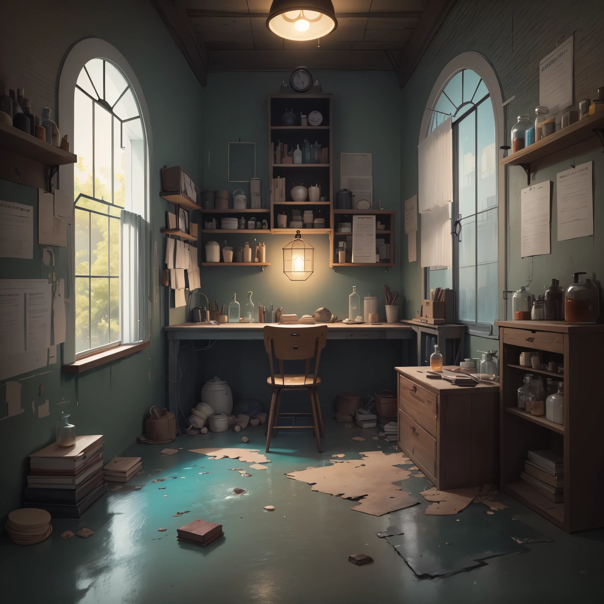 room with desk and chair, fantasy alchemist laboratory, magic laboratory setting, mysterious laboratory, steampunk laboratory, magic lab background, wizards laboratory, surreal sci fi set design, science fantasy painting, 8k high detail concept art, alchemy laboratory, highly detailed matte painting, realistic fantasy render, surrealism 8k,