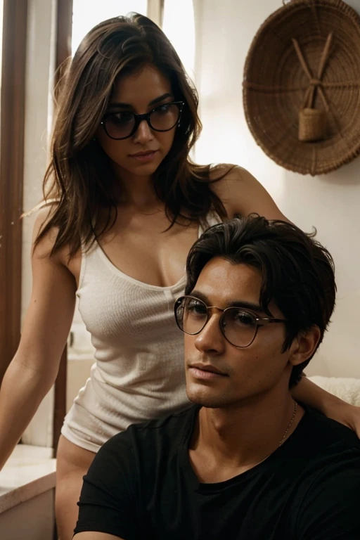 mujer rubia con un chico de pelo negro y lentes en una cita