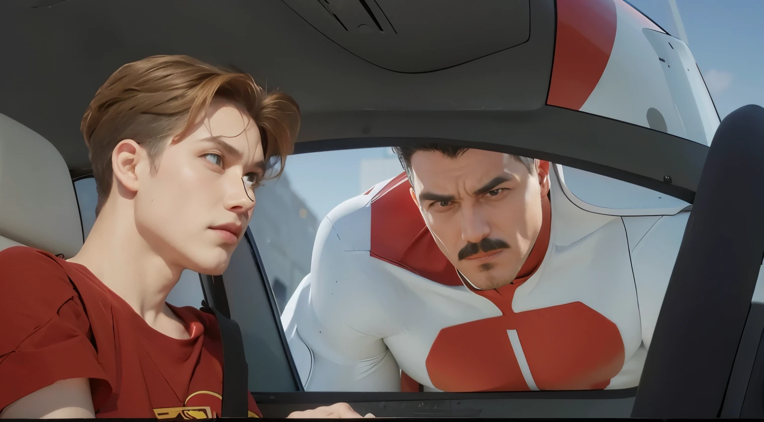 8k, melhor qualidade, imagem real, omni man from invincible, superhero, confrontando um civil em seu carro apoiado do lado de fora, detalhes intrincados, ultra-detalhado, ultra high resolution, campo de profundidade, photorealista,realista:1.2),obra de arte, foto de omniman, wearing a white and red mesh, hero, olhos azuis, Cabelo preto e grisalho nas laterais, bigode grosso, rosto musculoso e jovem, traje branco e vermelho, sol, blue sky best quality, realista, photorealista, (detalhes intrincados:1.2), (delicado detalhado), (cinematic light), linha clara, sharp focus, realista face, Rosto detalhado 8K papel de parede, ultra high resolution, (photorealista:1.4), olhando para o espectador