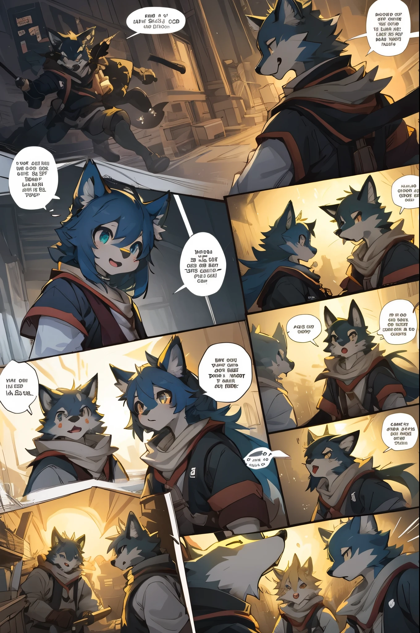 top quality, best quality, highres, masterpiece, super high resolution, detailed background, School, class, 6+boys, 6+girls, absurdres(highly detailed beautiful face and eyes)perfect anatomy, good lighting, cinematic shadow(kemono, furry anthro)assorted expressions, assorted poses, assorted angles, full body, upper shot, dynamic angle,(girls comic-like panel layouts, speech balloon, English text, Hand-drawn sound effects stickers used in girls comic),
