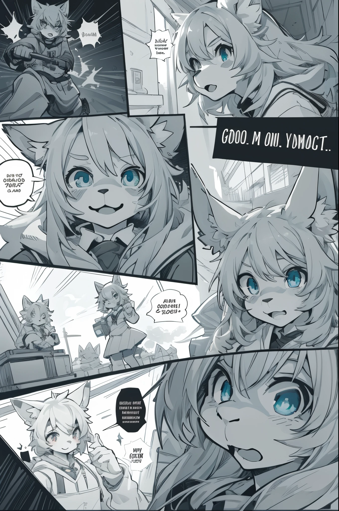 top quality, best quality, highres, masterpiece, super high resolution, detailed background, School, class, 6+boys, 6+girls, absurdres(highly detailed beautiful face and eyes)perfect anatomy, good lighting, cinematic shadow(kemono, furry anthro)assorted expressions, assorted poses, assorted angles, full body, upper shot, dynamic angle,(girls comic-like panel layouts, speech balloon, English text, Hand-drawn sound effects stickers used in girls comic),