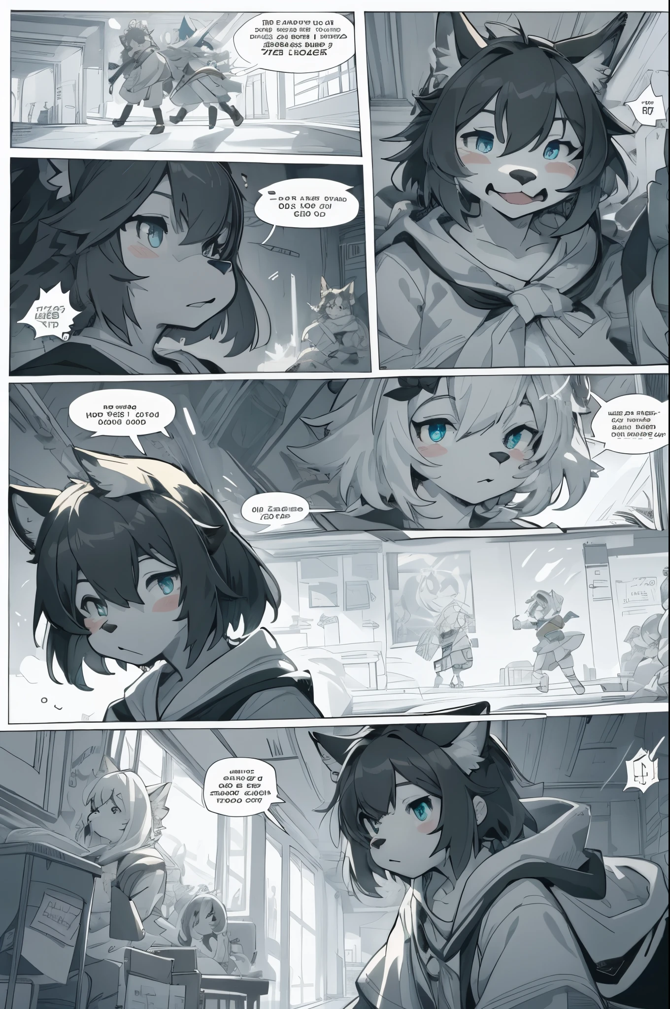 top quality, best quality, highres, masterpiece, super high resolution, detailed background, School, class, 6+boys, 6+girls, absurdres(highly detailed beautiful face and eyes)perfect ???????, good lighting, cinematic shadow(kemono, furry anthro)assorted expressions, assorted poses, assorted angles, full body, upper shot, dynamic angle,(girls comic-like panel layouts, speech balloon, English text, Hand-drawn sound effects stickers used in girls comic),