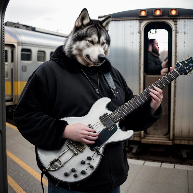 (Highest Quality, 4k, masterpiece:1.1), (realism, photorealistic:1.4), ray traced, hyper realism, soft lighting, detailed background, film grain, (detailed fur texture:1.3), Train cars in background, 
BREAK
((black metal)) anthro husky plays his guitar on the last day on earth, chubby, (overweight:2.0), weight gain, belly, (wearing black metal outfit), leather jacket, (( post-apocalyptic destroyed dieselpunk city background)), fangs, calm, relaxed expression,  paws,(new dawn), (aurora borealis), detailed features, closeup, high quality photography, 3 point lighting, flash with softbox, 4k, Canon EOS R3, hdr, smooth, sharp focus, high resolution, award winning photo, 80mm,