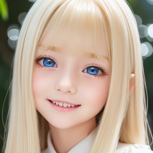 ((Super long silky bright pearl blonde hair))、Pretty bright marine blue eyes、 adorable beautiful girl、cute face、long bangs between the eyes,、white and beautiful skin、glowing skin、gross face、cheek gloss、small face beauty、Big eyes、bright look、((Very happy smile))、Embarrassed blush