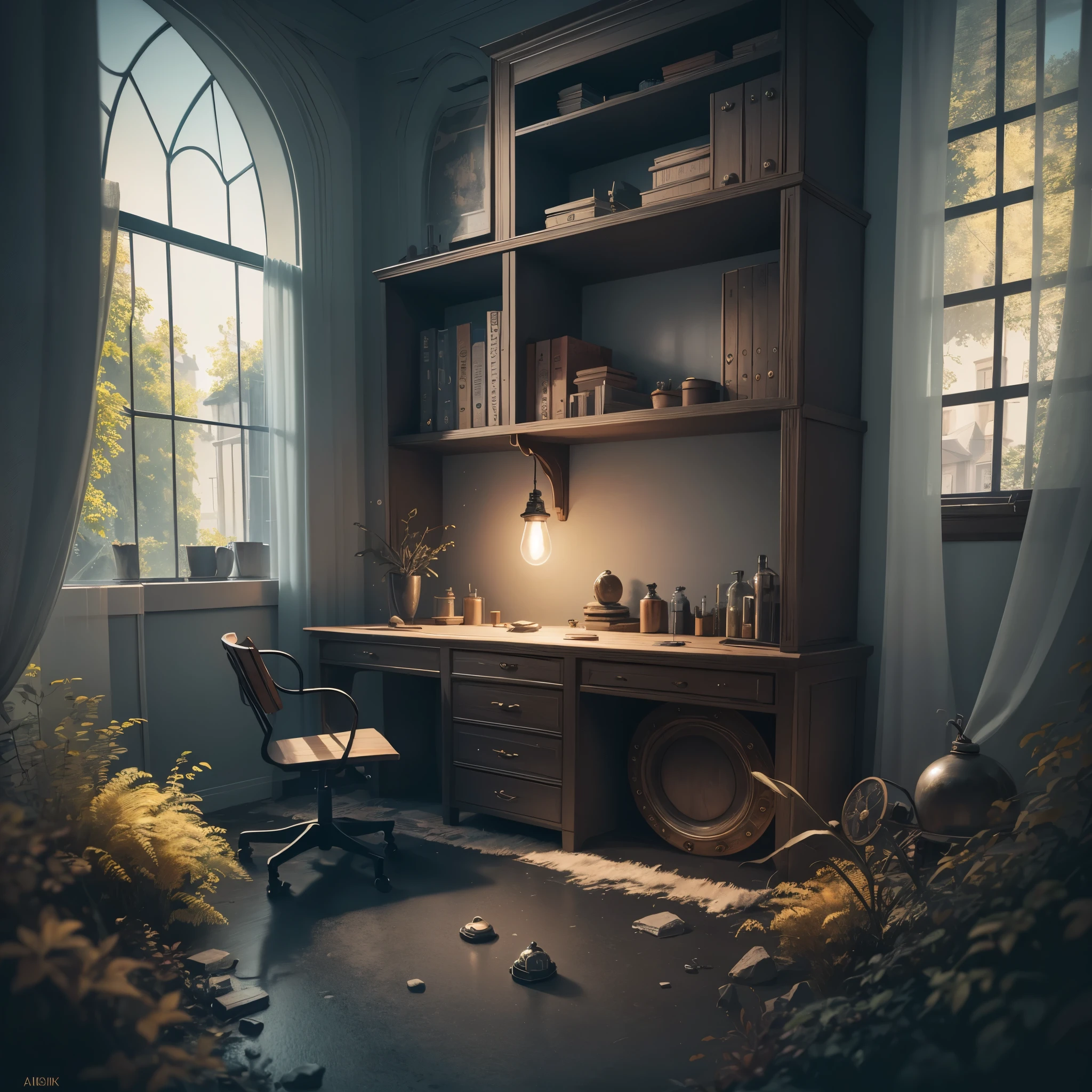 room with desk and chair, fantasy alchemist laboratory, magic laboratory setting, mysterious laboratory, steampunk laboratory, magic lab background, wizards laboratory, surreal sci fi set design, science fantasy painting, 8k high detail concept art, alchemy laboratory, highly detailed matte painting, realistic fantasy render, surrealism 8k,
