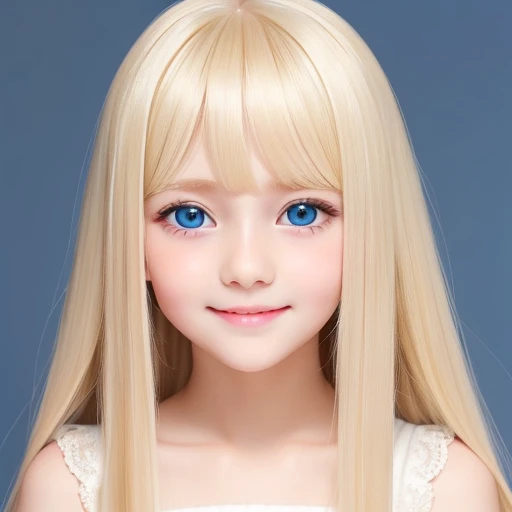((Super long silky bright pearl blonde hair))、Pretty bright marine blue eyes、10 year old adorable beautiful girl、cute face、long bangs between the eyes,、white and beautiful skin、glowing skin、gross face、cheek gloss、small face beauty、Big eyes、bright look、((Very happy smile))、Embarrassed blush