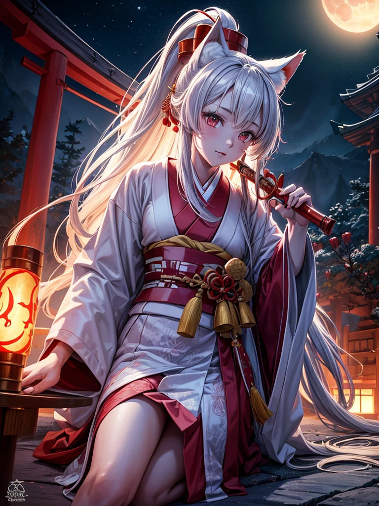 shrine maiden of ancient japanese shrine, combat readiness, pretty girl, kimono, long white hair in a ponytail, fox ears, fluffy fox tail, red fullmoon, dark colored haori, evil laugh, , Holding a priestess's wand, control fire, Ghosts and spirits fly around her, at night, very detailed, vivid appearance, creative action, very detailed, Imaginative, , voluntary, highest quality, skin texture, intricate details, (cinematic lighting), RAW photo, 8K, masterpiece,highest quality,super detailed,very detailedイラスト,very detailed,intricate details,High resolution,超intricate details,very detailed 8K cg wallpaper,