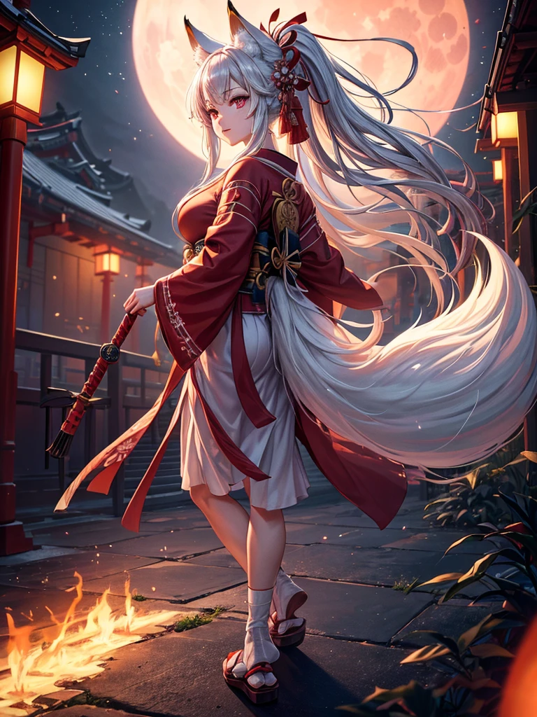 shrine maiden of ancient japanese shrine, combat readiness, pretty girl, kimono, long white hair in a ponytail, fox ears, fluffy fox tail, red fullmoon, dark colored haori, evil laugh, , Holding a priestess's wand, control fire, Ghosts and spirits fly around her, at night, very detailed, vivid appearance, creative action, very detailed, Imaginative, , voluntary, highest quality, skin texture, intricate details, (cinematic lighting), RAW photo, 8K, masterpiece,highest quality,super detailed,very detailedイラスト,very detailed,intricate details,High resolution,超intricate details,very detailed 8K cg wallpaper,