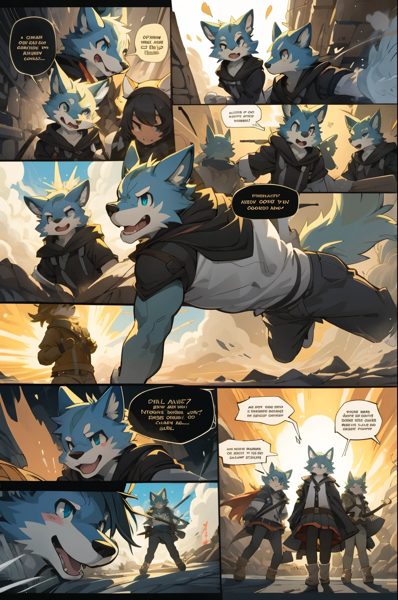 top quality, best quality, highres, masterpiece, super high resolution, detailed background, School, class, 6+boys, 6+girls, absurdres(highly detailed beautiful face and eyes)perfect anatomy, good lighting, cinematic shadow(kemono, furry anthro)assorted expressions, assorted poses, assorted angles, full body, upper shot, dynamic angle,(girls comic-like panel layouts, speech balloon, English text, Hand-drawn sound effects stickers used in girls comic),