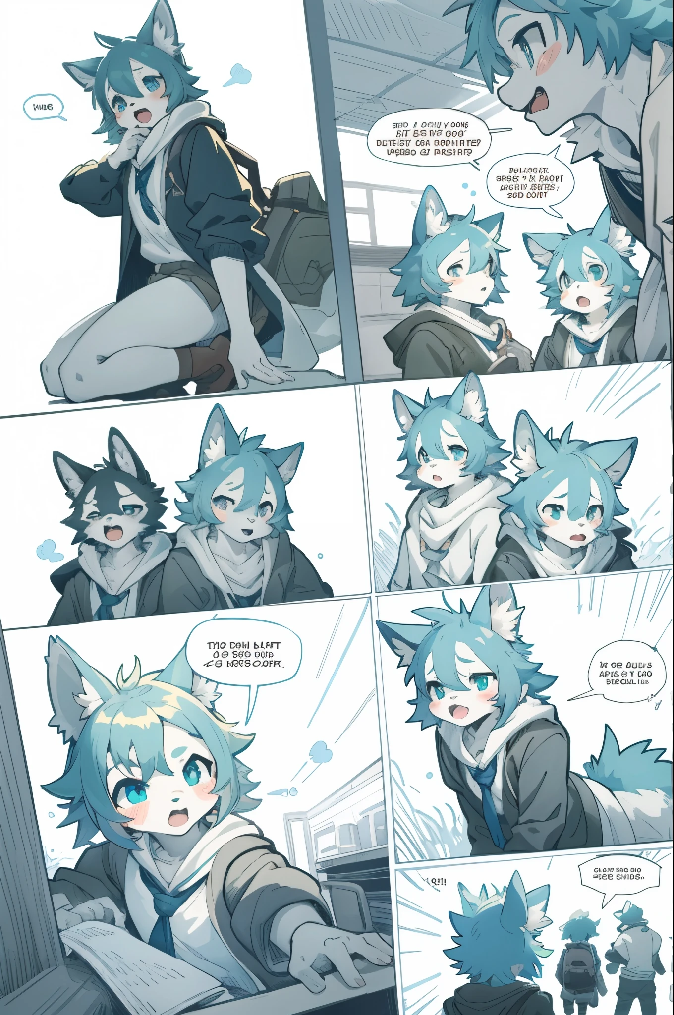 top quality, best quality, highres, masterpiece, super high resolution, detailed background, School, class, 6+boys, 6+girls, absurdres(highly detailed beautiful face and eyes)perfect anatomy, good lighting, cinematic shadow(kemono, furry anthro)assorted expressions, assorted poses, assorted angles, full body, upper shot, dynamic angle,(girls comic-like panel layouts, speech balloon, English text, Hand-drawn sound effects stickers used in girls comic),