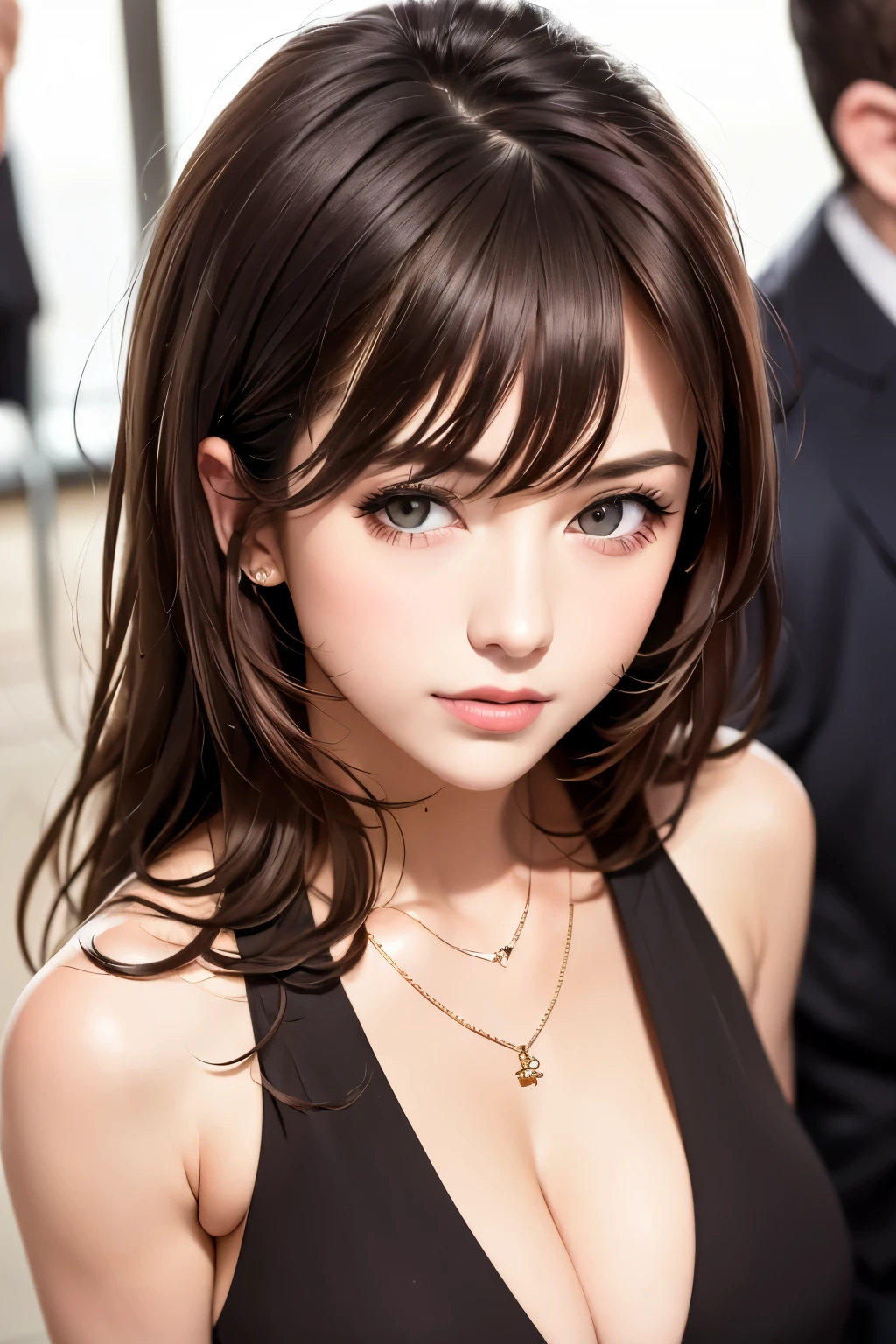 (black business suit、From above、Close-up、necklace),highest quality, masterpiece, ultra high resolution, (realistic:1.4), RAW photo, 1 girl,(highly detailed skin, dark brown hair,Lightly wavy hair、 beautiful fine hair, delicate and beautiful features, seductive smile, beautiful and fine eyes, real skin texture), (big, 20 years,solo, sexy), (narrow eyes, blush),big breasts,Bust Focus