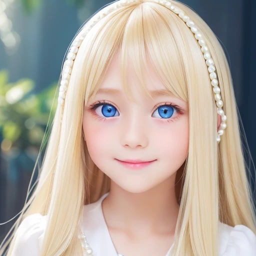 ((Super long silky bright pearl blonde hair))、Pretty bright marine blue eyes、10 year old adorable beautiful girl、cute face、long bangs between the eyes,、white and beautiful skin、glowing skin、gross face、cheek gloss、small face beauty、Big eyes、bright look、((Very happy smile))、Embarrassed blush