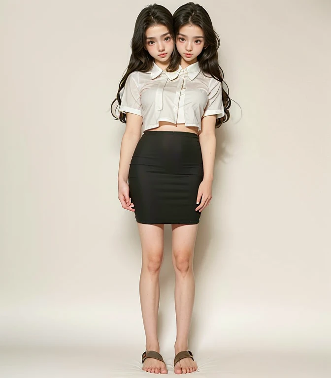 2heads, two headed girl, (14 year old girl:1.5), (female:1.5), (two heads attached to one body:1.4), conjoined twins, heads side by side, one torso, young, uncomfortable, barefoot