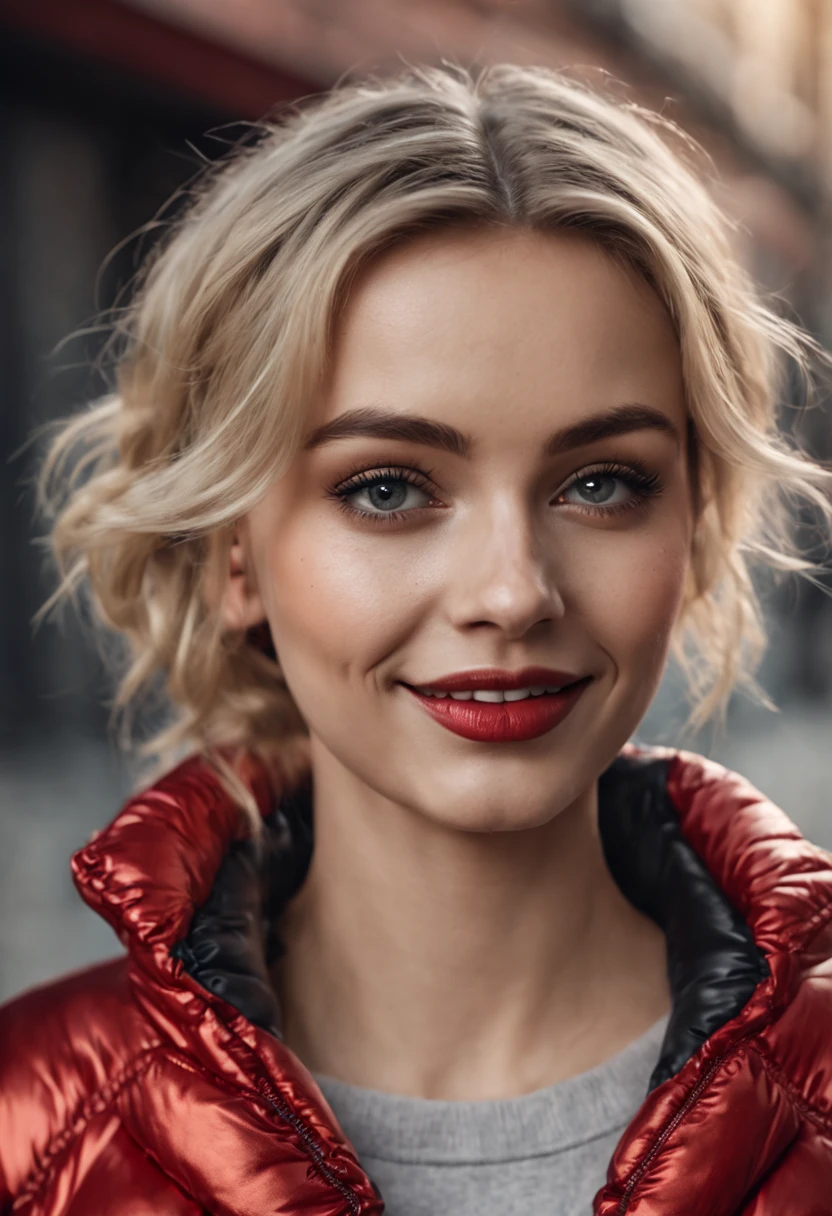 ultrarealistic high quality photo of a beautiful young tall busty european teen girl with cute face and natural blonde messy bun and beautiful smile, realistic eyes, freckles, glossy red lips, smokey eyes makeup, wearing metallic running tights and small shimmering padded jacket, full body street photography