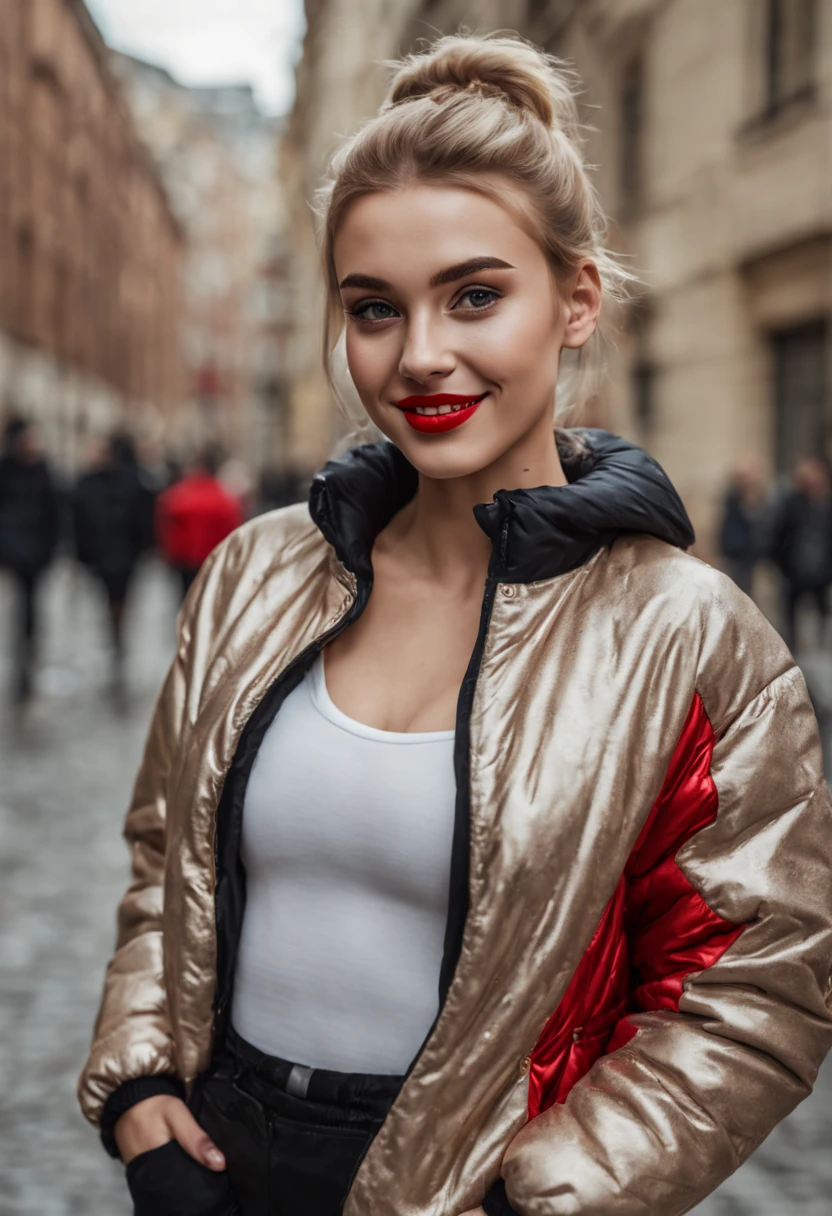 ultrarealistic high quality photo of a beautiful young tall busty european teen girl with cute face and natural blonde messy bun and beautiful smile, realistic eyes, freckles, glossy red lips, smokey eyes makeup, wearing metallic running tights and small shimmering padded jacket, full body street photography