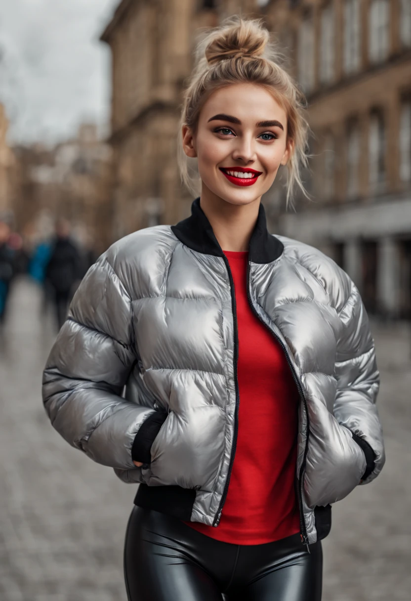 ultrarealistic high quality photo of a beautiful young tall busty european teen girl with cute face and natural blonde messy bun and beautiful smile, realistic eyes, freckles, glossy red lips, smokey eyes makeup, wearing metallic running tights and small shimmering padded jacket, full body street photography