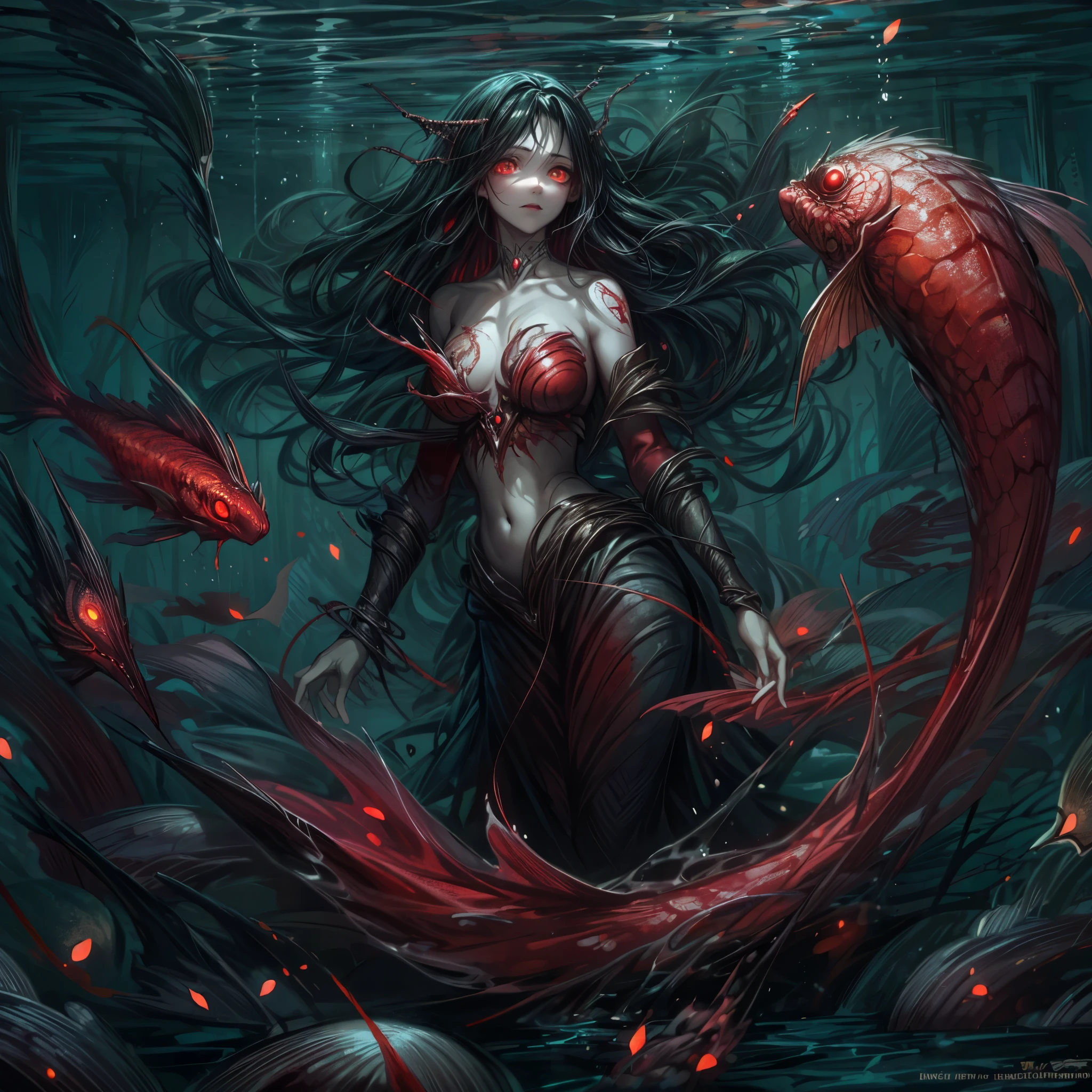 high details, best quality, 16k, [ultra detailed], masterpiece, best quality, (extremely detailed), full body, ultra wide shot, RAW, photorealistic, dark fantasy art, dnd art, rpg art, realistic art, an ultra wide picture of a vampiric mermaid (1.5 intricate details, Masterpiece, best quality) blood mage casting ((blood control spell)), blood wizard ((blood magic, intense magic details)), ((controlling a swirling mass of blood)) underwater, magical symbols GlowingRunes_pink, female vampiric mermaid, pale skin, black hair, long hair, swirling hair, lower body tail fin, intense eyes, red eyes, small (( red eyes)), ((glowing eyes)), wearing sea shell clothing, beautiful dark mermaid, underwater background, rich underwater life, ((magical atmosphere)), fish and sea weeds, high details, best quality, highres, ultra wide angle