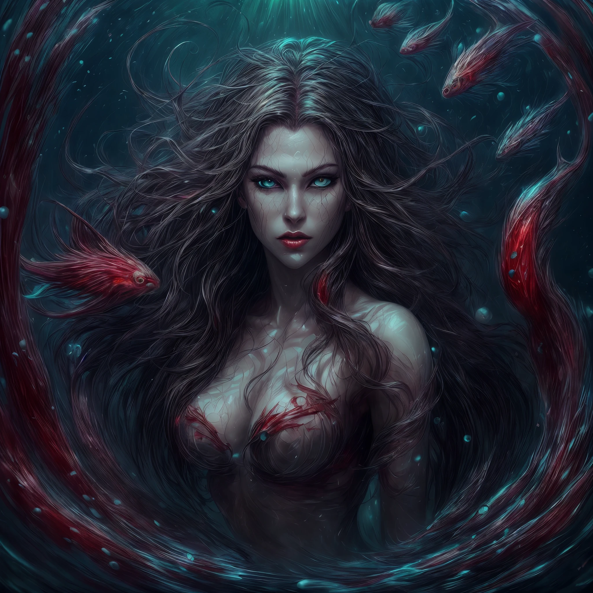 high details, best quality, 16k, [ultra detailed], masterpiece, best quality, (extremely detailed),  modelshoot style, full body, ultra wide shot, RAW, photorealistic, dark fantasy art, dnd art, rpg art, realistic art, an ultra wide picture of a vampiric mermaid (1.5 intricate details, Masterpiece, best quality) blood mage casting ((blood control spell)), blood wizard ((blood magic, intense magic details)), ((controlling a swirling mass of blood)) underwater, magical symbols GlowingRunes_pink, female vampiric mermaid, pale skin, black hair, long hair, swirling hair, lower body tail fin, intense eyes, red eyes, small (( red eyes)), ((glowing eyes)), wearing sea shell clothing, beautiful dark mermaid, underwater background, rich underwater life, ((magical atmosphere)), fish and sea weeds, high details, best quality, highres, ultra wide angle
