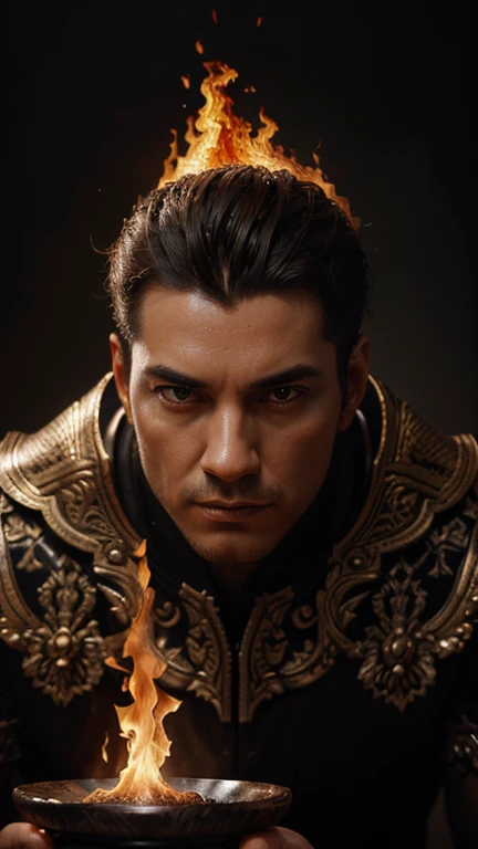 A man made of fire from his feet to the top of his head, intricate heat distortion designs, elegant focus, highly detailed and sharp, art by Artgerm and Greg Rutkowski and WLOP, dark fantasy, 3D rendering, typography, portrait photography , conceptual art, wildlife photographyv0