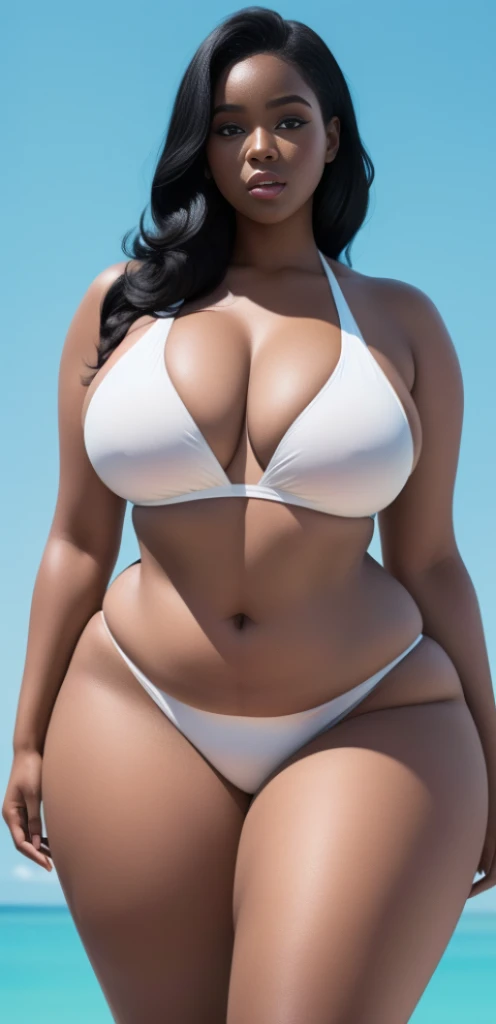 "An ultra-detailed 8k masterpiece of better quality and high saturation well focused. The image features an outfit illustration featuring a beautiful plus size black woman wearing a super tight sexy white BIKINI, including a blue background, long legs, black hair."