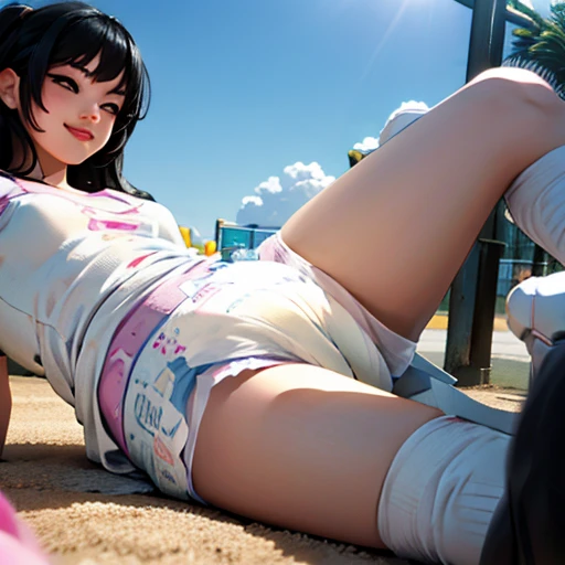 cute kpop girl, pee diaper, wet diaper, tight diaper, full diaper, smile, long hair, black hair, playground, sunny, outside, playplace, sand, waterpark, amusement park, realistic, 3d, 2.5d, photorealistic, 3d render, real, detailed, 3d animated, hyperrealistic, 3d girl