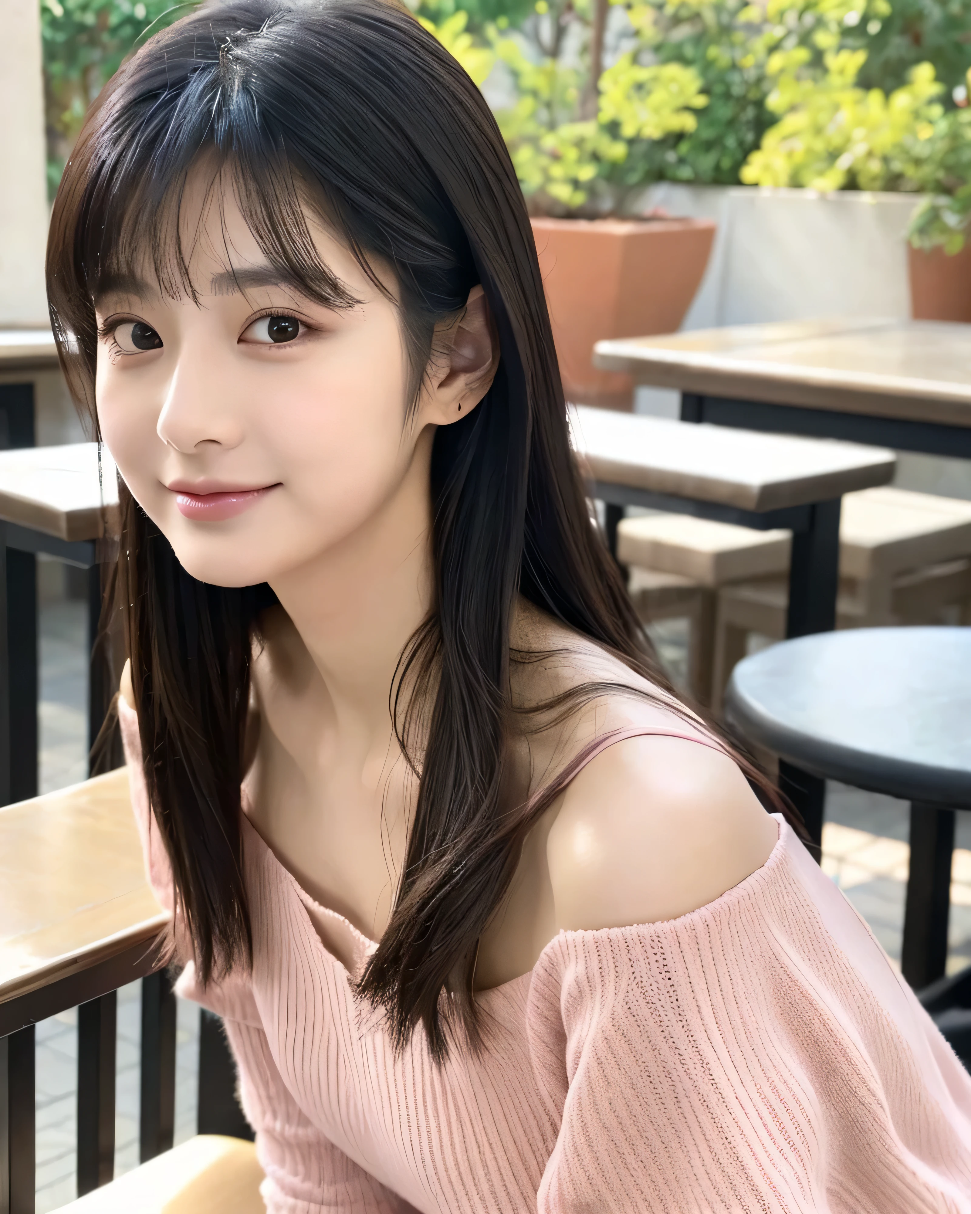 beautiful japanese woman, 18 year old female,magical beautiful eyes,moist black eyes,gentle smile, fine black hair,long straight hair,asymmetrical bangs,Detailed and perfect clavicle, smooth and soft skin, (pale pink lips: 1.4), (whole body: 1.2) Morning Cafe Terrace sitting in a chair,low angle shot,Black off-the-shoulder dress Knitted material Dense and beautiful chest professional lighting professional photographer