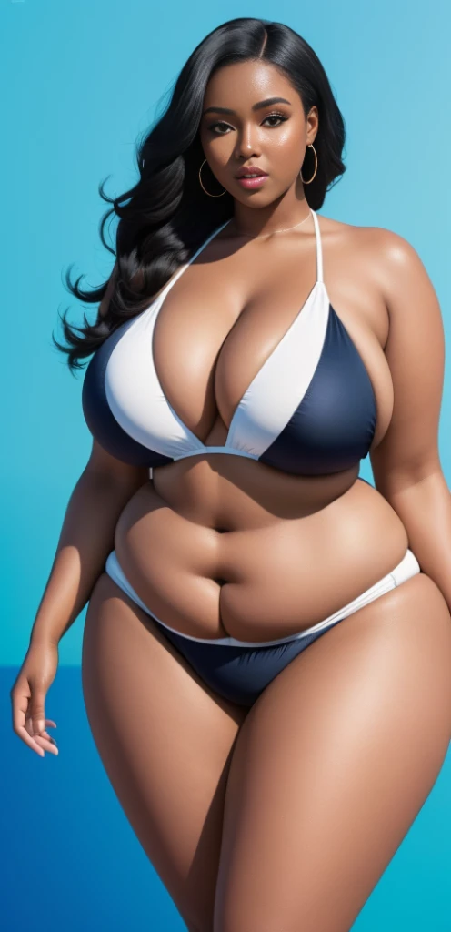 "An ultra-detailed 8k masterpiece of better quality and high saturation well focused. The image features an outfit illustration featuring a beautiful plus size black woman wearing a super tight sexy white BIKINI, including a blue background, long legs."