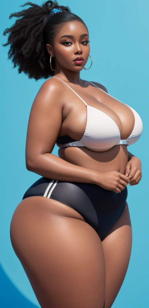 "An ultra-detailed 8k masterpiece of better quality and high saturation well focused. The image features an outfit illustration featuring a beautiful plus size black woman wearing a super tight sexy white BIKINI, including a blue background, long legs."
