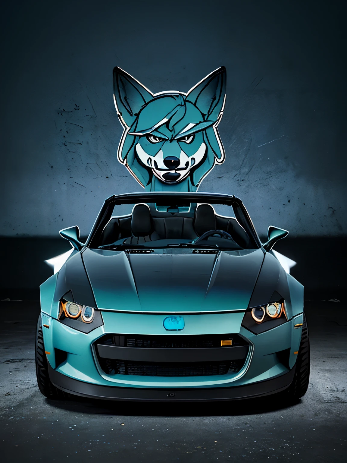 desenvolva um logo minimalista para uma marca chamada "Bad Wolf Garage Customs" with a blue convertible car and a cartoon style wolf