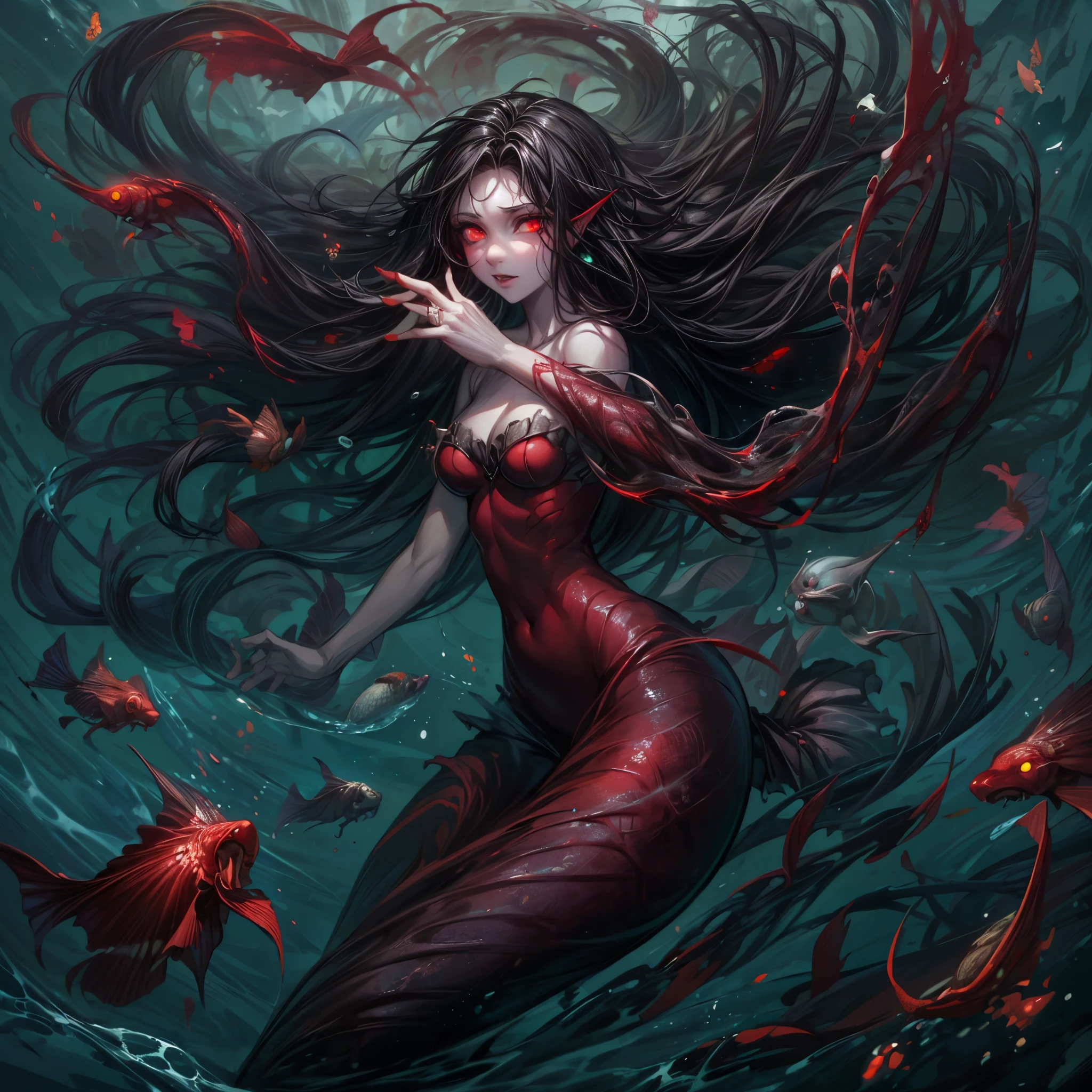 high details, best quality, 16k, [ultra detailed], masterpiece, best quality, (extremely detailed), full body, ultra wide shot, RAW, photorealistic, dark fantasy art, dnd art, rpg art, realistic art, an ultra wide picture of a vampiric mermaid (1.5 intricate details, Masterpiece, best quality) blood mage casting ((blood control spell)), blood wizard ((blood magic, intense magic details)), ((controlling a swirling mass of blood)) underwater, magical symbols GlowingRunes_pink, female vampiric mermaid, pale skin, black hair, long hair, swirling hair, lower body tail fin, intense eyes, red eyes, small (( red eyes)), ((glowing eyes)), wearing sea shell clothing, beautiful dark mermaid, underwater background, rich underwater life, ((magical atmosphere)), fish and sea weeds, high details, best quality, highres, ultra wide angle