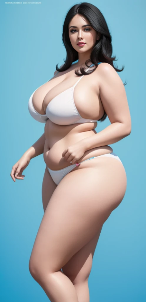 "An ultra-detailed 8k masterpiece of better quality and high saturation well focused. The image features an outfit illustration featuring a stunning plus size European woman wearing a super tight sexy white BIKINI, including a blue background, long legs, black hair."
