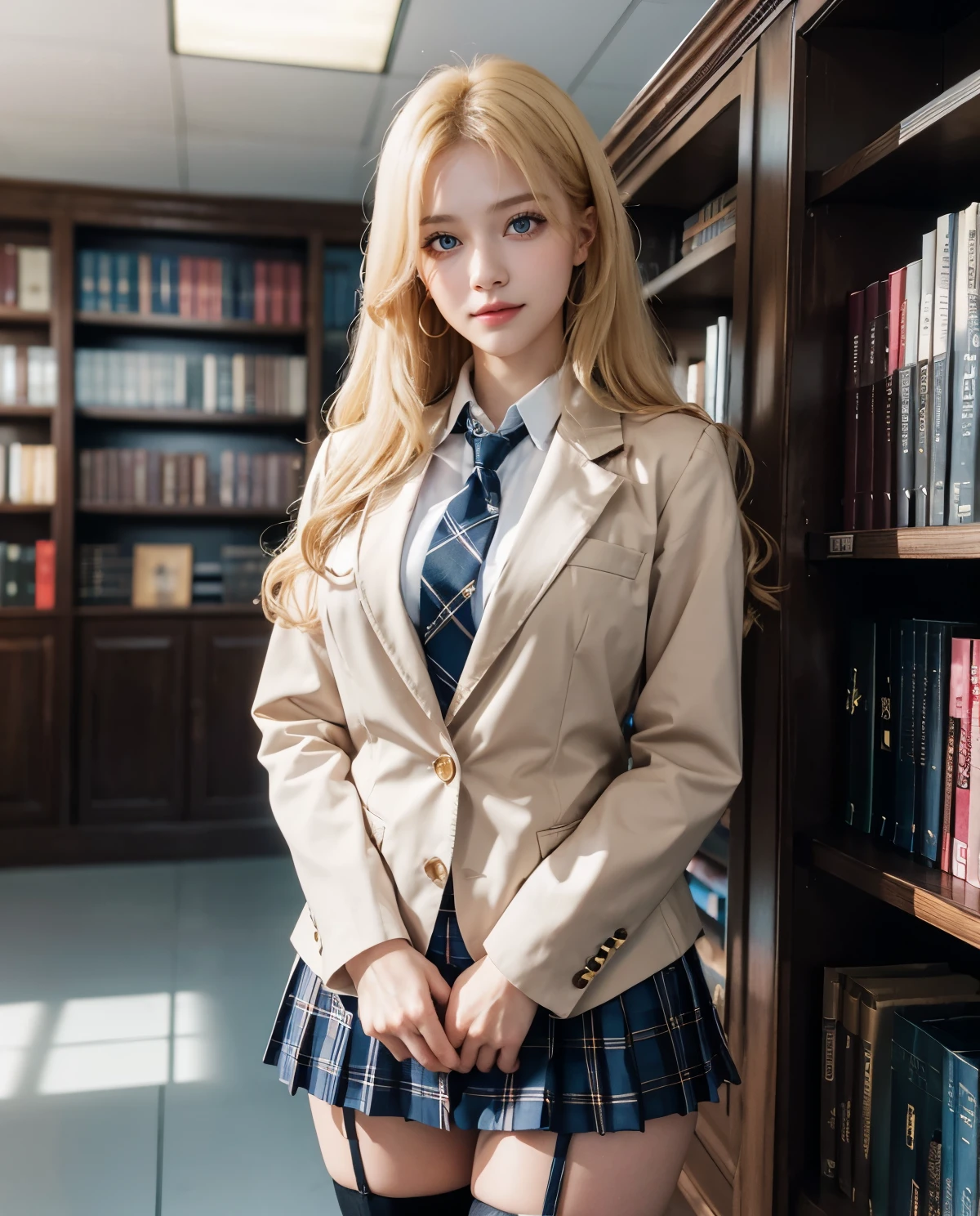 1girl, (Blue Eyes), smiling, (Sana Minatozaki), wide hips, Big , big ass, (Best Quality, 8k, Masterpiece: 1.3), Clear Focus: 1.2, Perfect Body Beauty: 1.4, Highly detailed face and skin texture, detailed eyes, double eyelids, (blonde long hair), (japanese school uniform), (Blazer uniform brown), (school shirt), (plaid skirt), (tie black), (thigh high cover stockings), in the hallways of a library, shelves with books