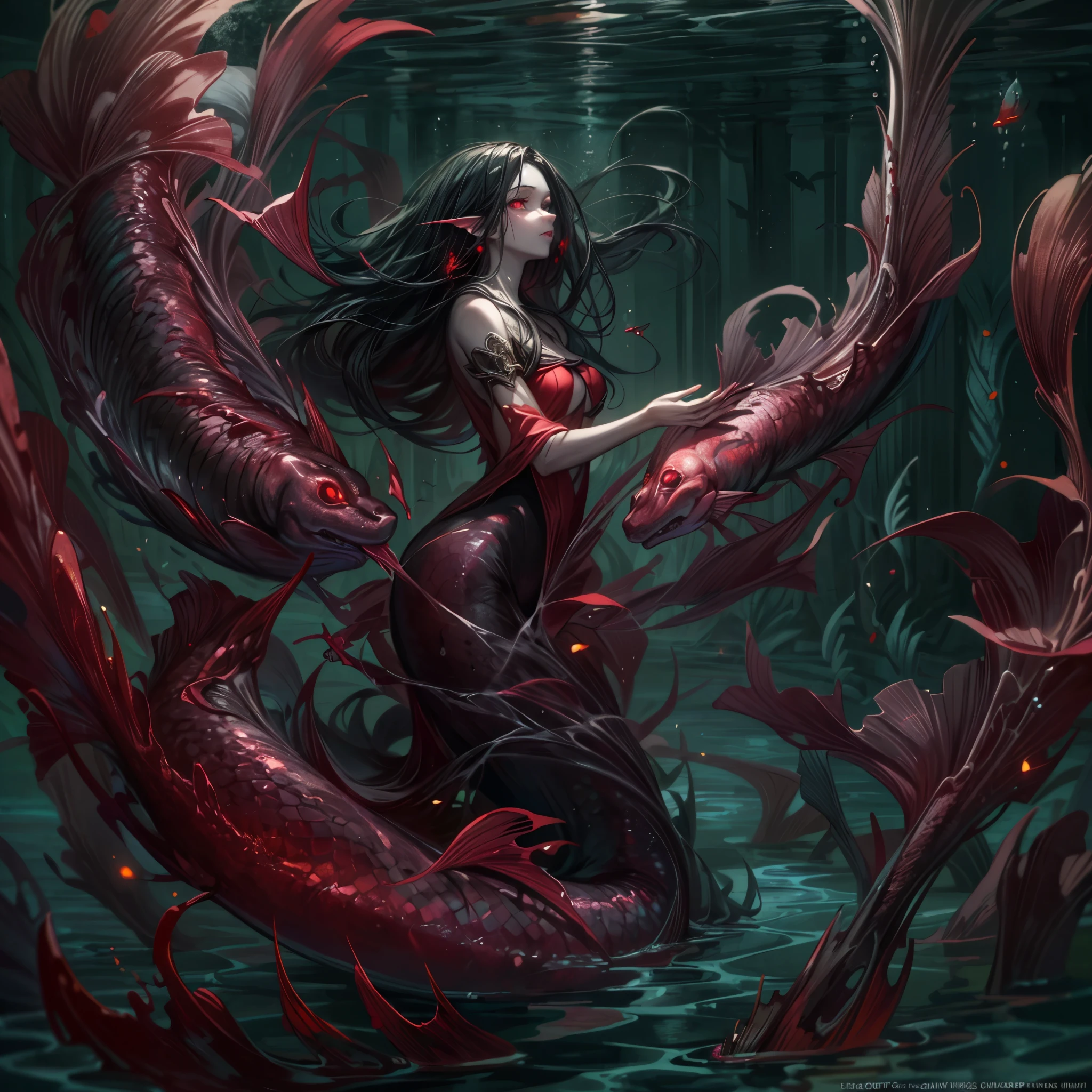 high details, best quality, 16k, [ultra detailed], masterpiece, best quality, (extremely detailed), full body, ultra wide shot, RAW, photorealistic, dark fantasy art, dnd art, rpg art, realistic art, an ultra wide picture of a vampiric mermaid (1.5 intricate details, Masterpiece, best quality) blood mage casting ((blood control spell)), blood wizard ((blood magic, intense magic details)), ((controlling a swirling mass of blood)) underwater, magical symbols GlowingRunes_pink, female vampiric mermaid, pale skin, black hair, long hair, swirling hair, lower body tail fin, intense eyes, red eyes, small (( red eyes)), ((glowing eyes)), wearing sea shell clothing, beautiful dark mermaid, underwater background, rich underwater life, ((magical atmosphere)), fish and sea weeds, high details, best quality, highres, ultra wide angle