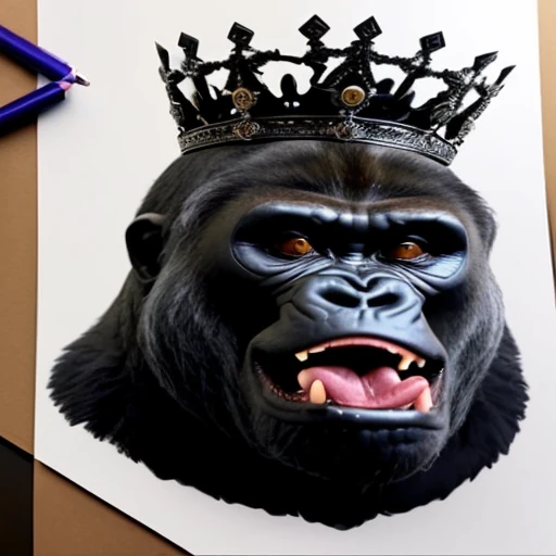 eine Nahaufnahme eines Gorillas mit einer Krone auf dem Kopf, ultrarealistische Illustration, Ultrarealistische Illustration, hyperrealistische Illustration, sehr hyperrealistisch, Hyperrealistische Illustration, Hyperrealistisches Bild, extremely detailed art, sehr detaillierte 3D-Kunst, hyperrealistisches 3D, ultra - realistisch und kompliziert, ultrarealistisches Bild, atemberaubendes Kunstwerk, Extremely realistic, Hyperrealistische Zeichnung