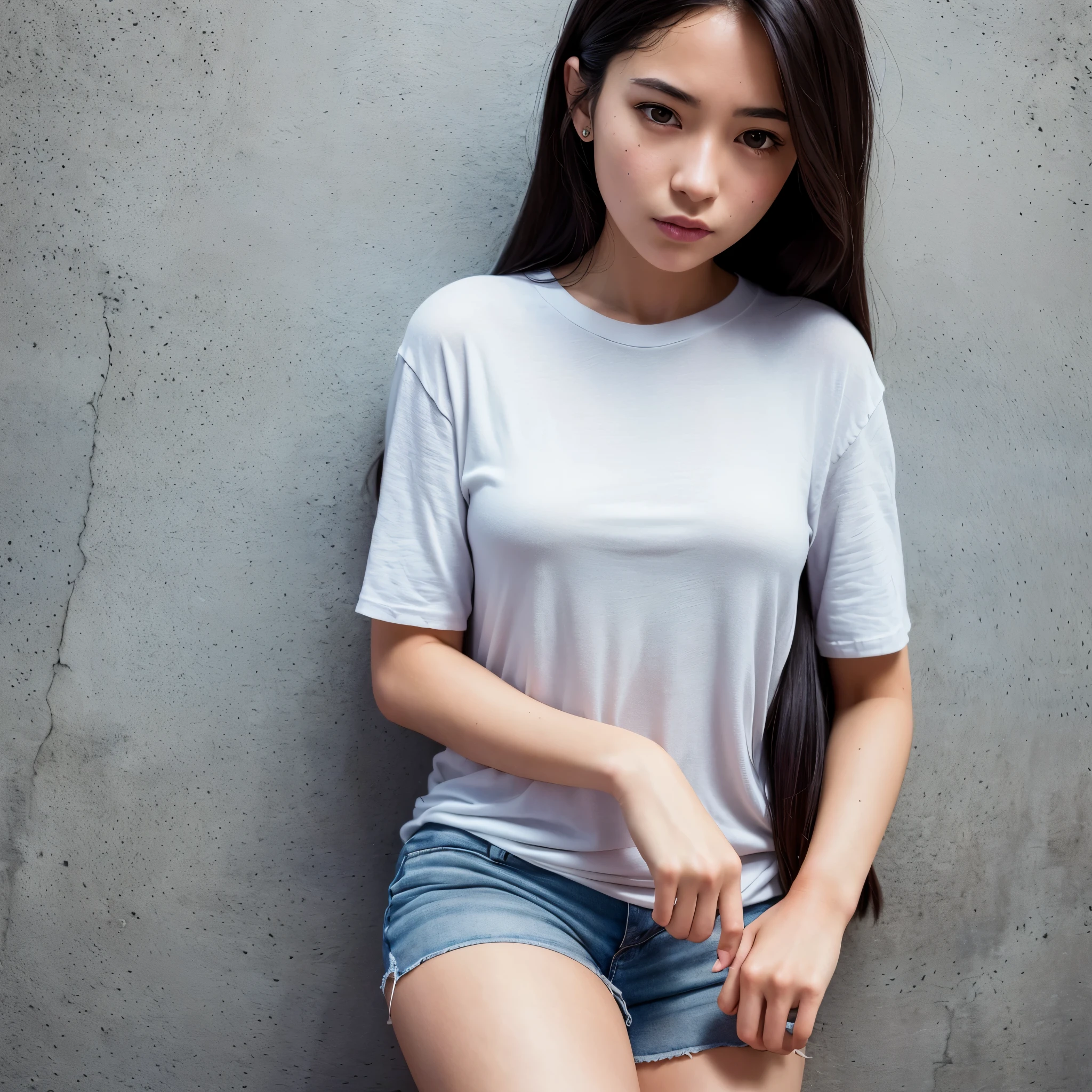 Dosage: (Hyper-realistically: 1.4), (Intricately detailed: 1.2), A 20-year-old girl enters the scene, with a virtual image that showcases realistically rendered elements, (Soft light: 1.05) illuminating her face from the front, enhancing her natural beauty (Improve quality: 1.4, 32K resolution).
She wears a plain t-shirt and her long hair, of the same shape on the left and right, is neatly arranged against the concrete background. Her eyes, with good quality textures, convey a subtle expression of tiredness, drowsiness, and