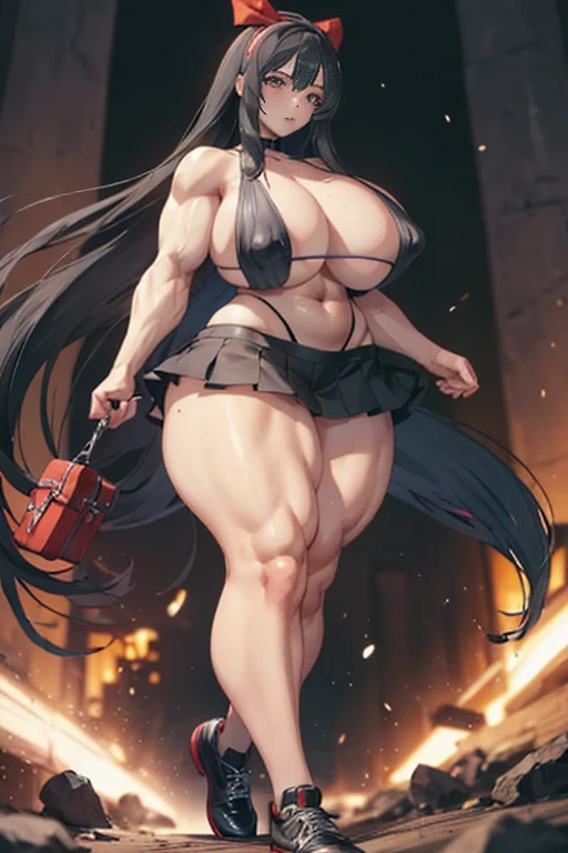Best quality,8K,ultra high res:1.5),(Pretty very very long straight hair tied with red ribbon girl),(Huge breasts:1.20),(very voluptuous body),(very voluptuous thigh),(body builder girl:1.5),(wide muscle:1.8),(light smile),(eyes to camera),(light black hair),(red bra),(red short skirt),(nipples),(sexy abdominal muscles),(nipples),(blue eye ball),(naked),(walking),(black shoes)