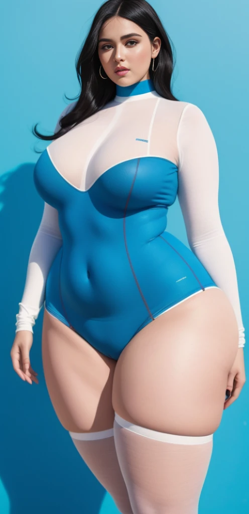 "An ultra-detailed 8k masterpiece of better quality and high saturation well focused. The image features an outfit illustration featuring a stunning plus size European woman wearing a super tight sexy white BODYSUIT, including a blue background, long legs, black hair."