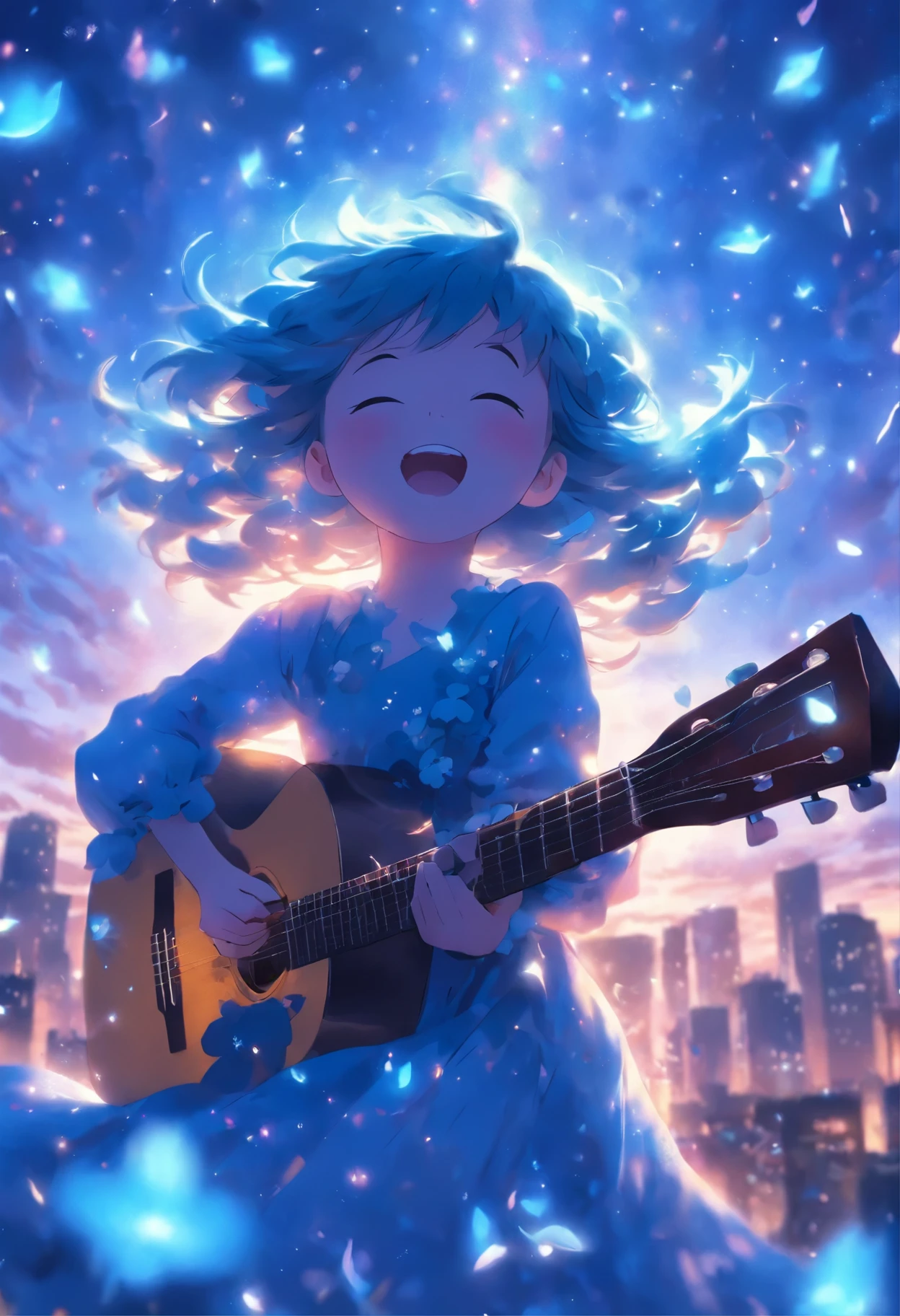 girl, wears with a blue dress, Sing with a guitar, little blue blossoms are falling all over the sky,