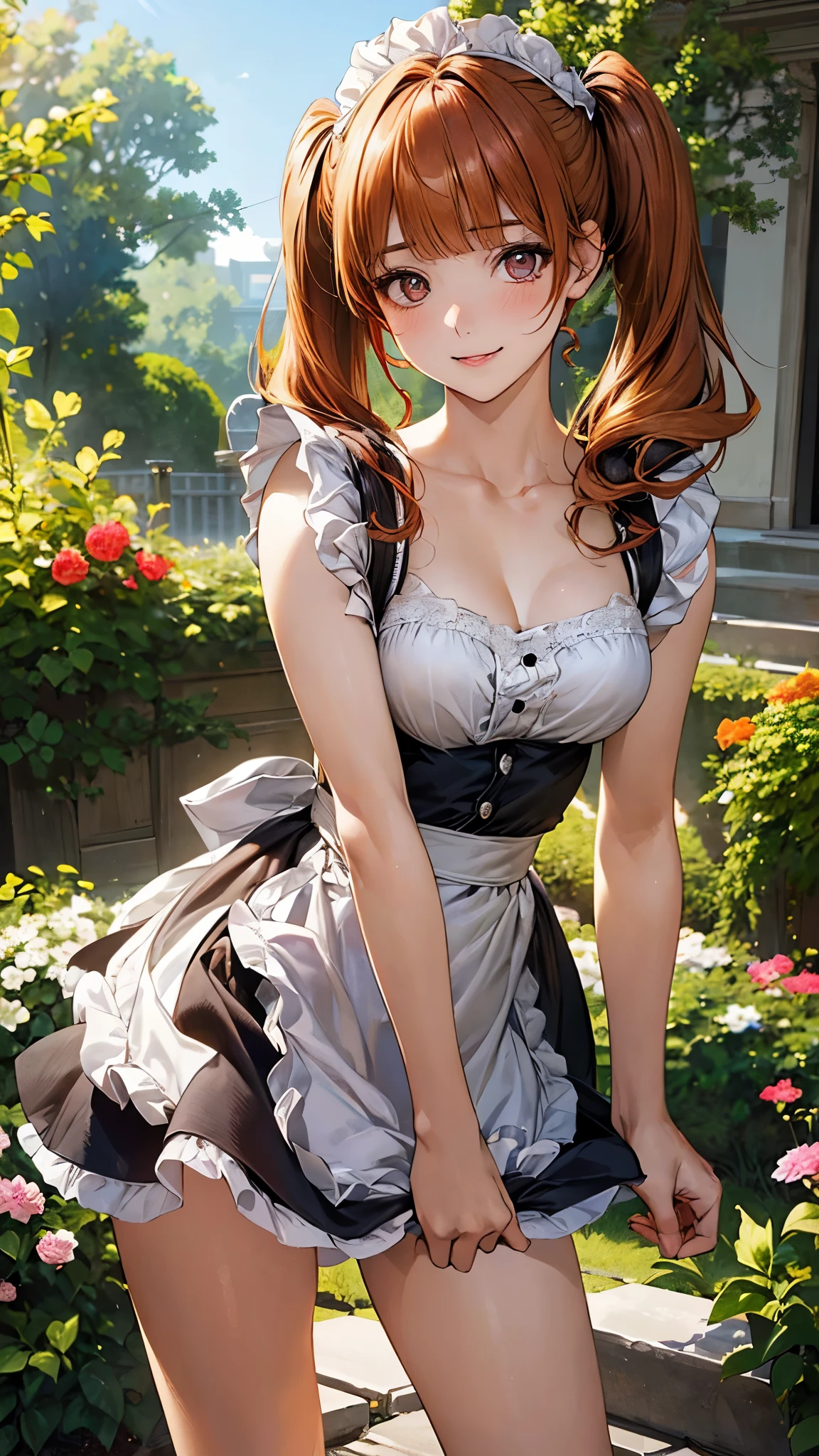 (masterpiece:1.2, top-quality), (realistic, photorealistic:1.4), beautiful illustration, (natural side lighting, movie lighting), nsfw,
looking at viewer, 1 girl, japanese, high school girl, perfect face, cute and symmetrical face, shiny skin,
(middle hair:1.5, twintails:1.2, orange hair), blunt bangs, gold eyes, drooping eyes, long eye lasher, (large breasts:0.6),
beautiful hair, beautiful face, beautiful detailed eyes, beautiful clavicle, beautiful body, beautiful chest, beautiful thighs, beautiful legs,
((french maid)),
(beautiful scenery), flower garden, modern, standing, (lovely smile, upper eyes),